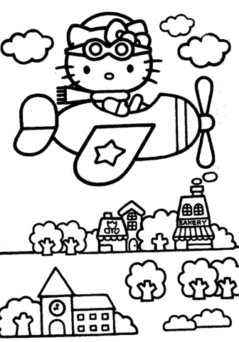 Kitty Flies Over The City  Coloring Page